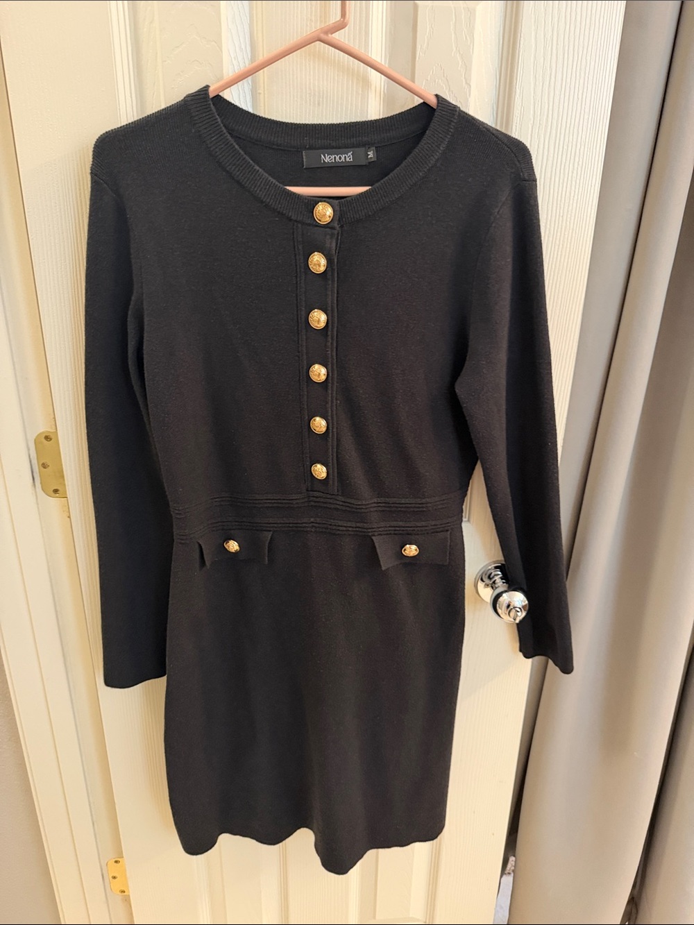 Black Long-Sleeve Knit Dress with Gold Buttons